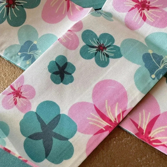 Reversible Pink & Green Cherry Blossom Twilly Narrow Scarf Tie Handbag Hair Bow - Picture 4 of 8